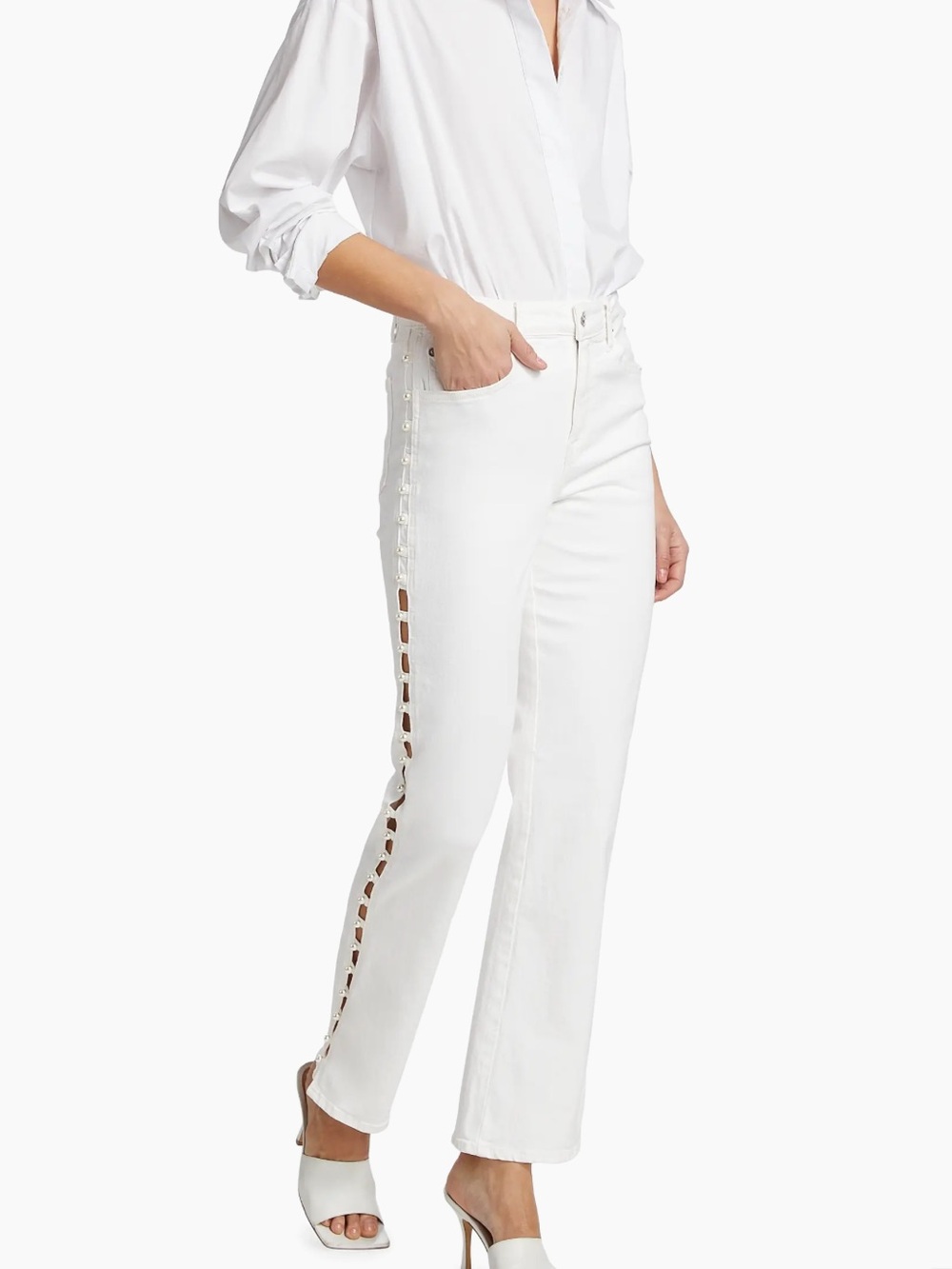 Simkhai Amelia High Rise Pearl Embellished Denim Jeans in Ivory